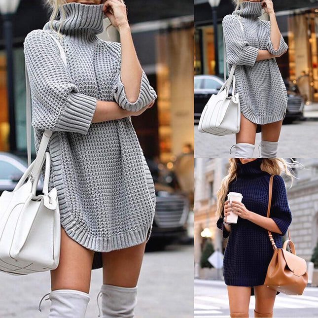 Women's Solid Turtle Neck Sweater Dress - Wnkrs