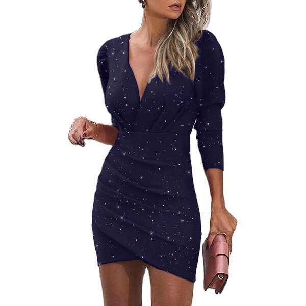 Women's Slim Mini Dress with V-Neck and Long Sleeves - Wnkrs