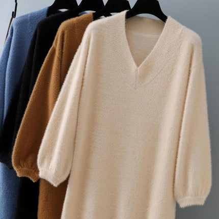 Simple V-Neck Thick Sweater Dress for Women - Wnkrs