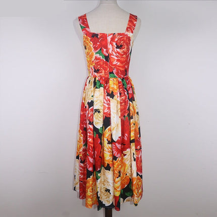 Women's Spaghetti Strap Backless Midi Dress with Floral Print - Wnkrs