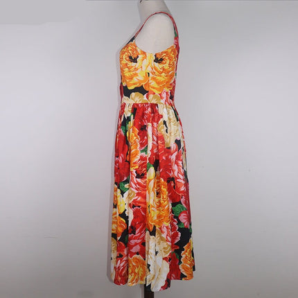 Women's Spaghetti Strap Backless Midi Dress with Floral Print - Wnkrs