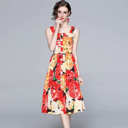 Women's Spaghetti Strap Backless Midi Dress with Floral Print - Wnkrs
