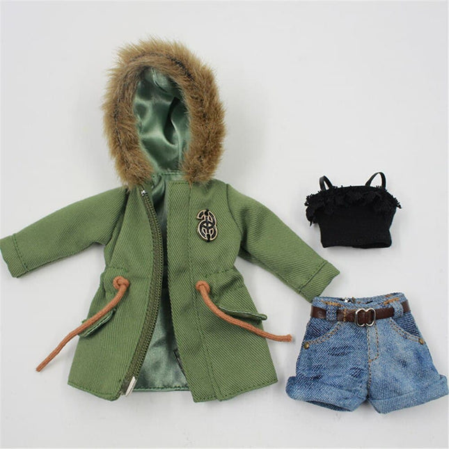 Trendy Style Army Green Jacket with Shorts and Top for 1/6 Dolls - wnkrs