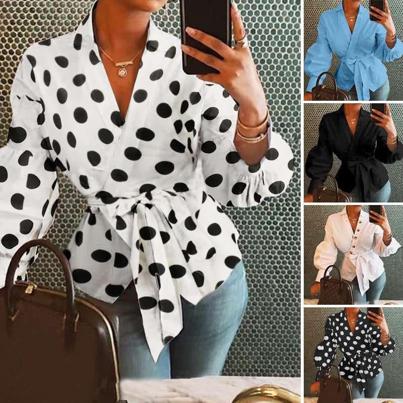 Women's Belted Loose V-Neck Blouse with Lantern Sleeves