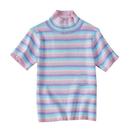 Women's Colorful Striped Crop Top with Stand Collar - Wnkrs