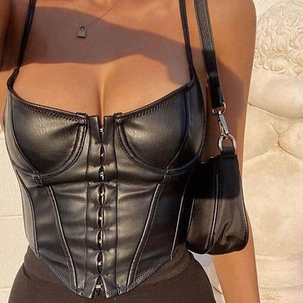 Women's Black PU Leather Bustier Crop Top - Wnkrs