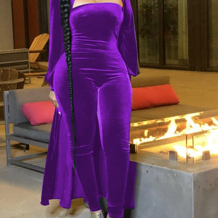 Women's Velvet Jumpsuit and Cardigan Set - Wnkrs