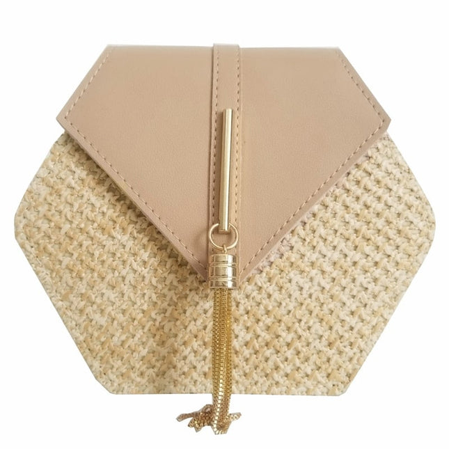 Women's Hexagon Shaped Straw Shoulder Bag