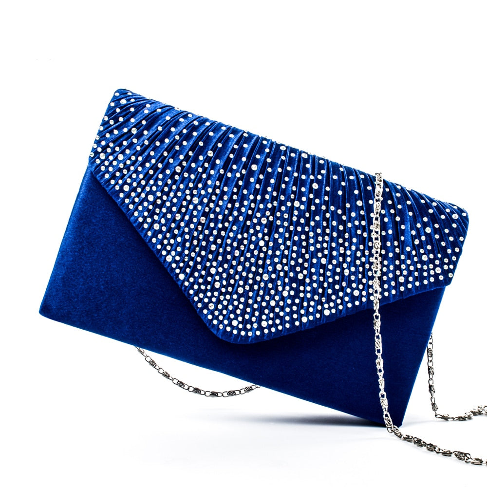 Fashion Satin Evening Bags for Women - Luxury Diamond and Chain Embellished Bag