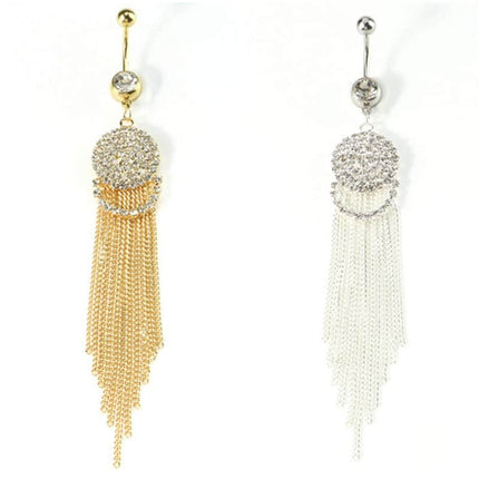 Luxurious Steel Tassel Belly Button Ring with Rhinestone Round Pendant - Wnkrs