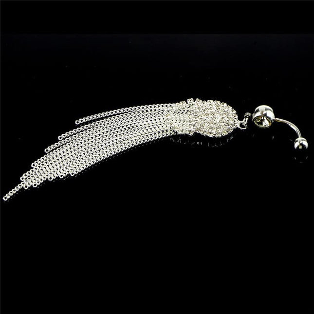 Luxurious Steel Tassel Belly Button Ring with Rhinestone Round Pendant - Wnkrs