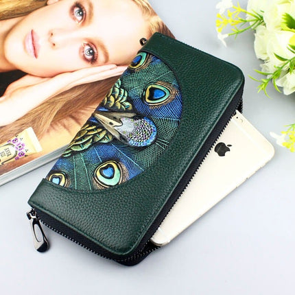 Fashionable Women's Wallet Made of Genuine Leather with a Picture of a Peacock - Wnkrs