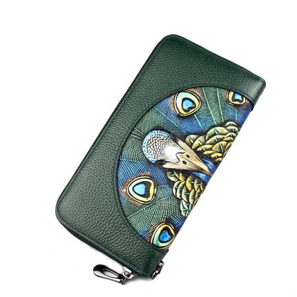 Fashionable Women's Wallet Made of Genuine Leather with a Picture of a Peacock - Wnkrs