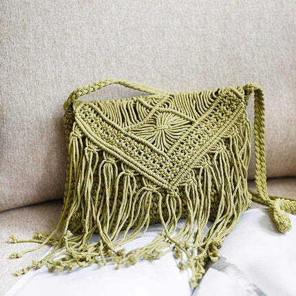 Women's Fringe Datail Woven Rattan Handbag - Wnkrs