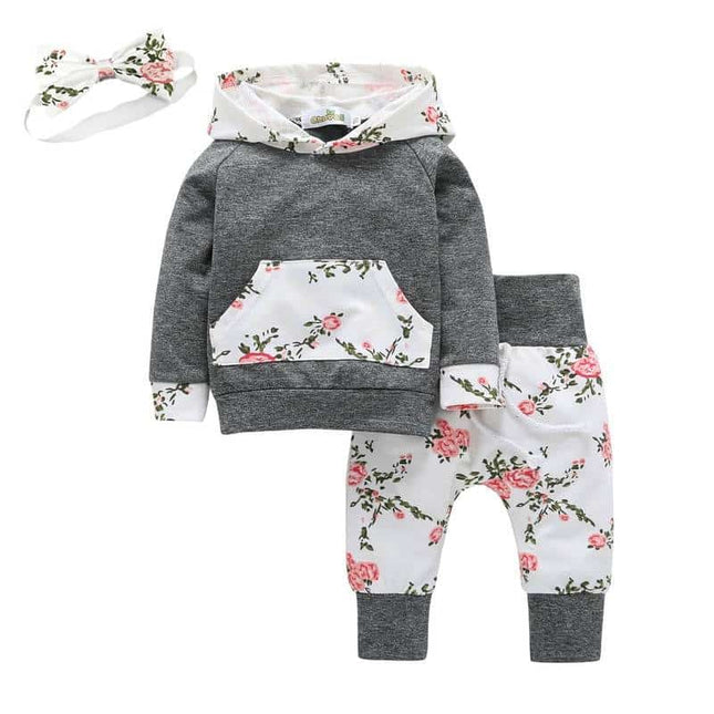 Baby Girl's Floral Hoodie and Pants Set with Headband