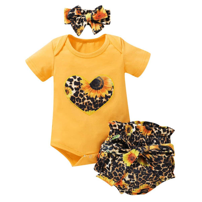 Baby Girl's Leopard / Sunflower Printed Yellow T-Shirt and Tutu Pants with Headband Set
