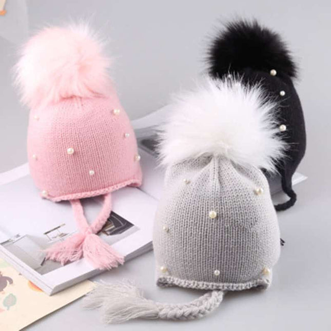 Girls Warm Hat Decorated with Fur Pompom and Pearls - Wnkrs