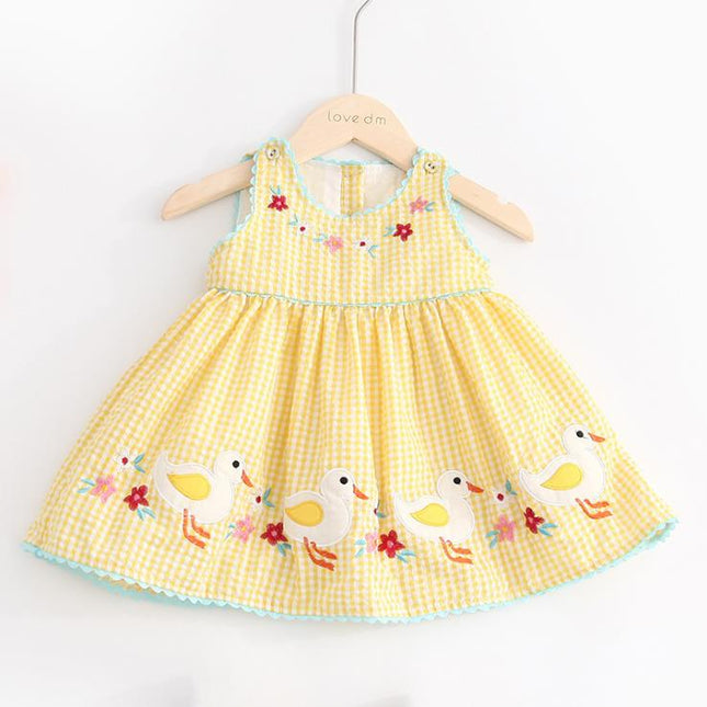 Newborn Girl's Yellow Cotton Dress with Cartoon Duck Appliques