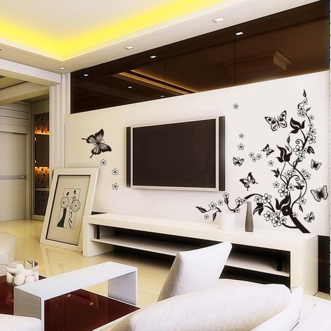 Black / White Butterfly with Floral Branch PVC Decorative Wall Sticker - wnkrs