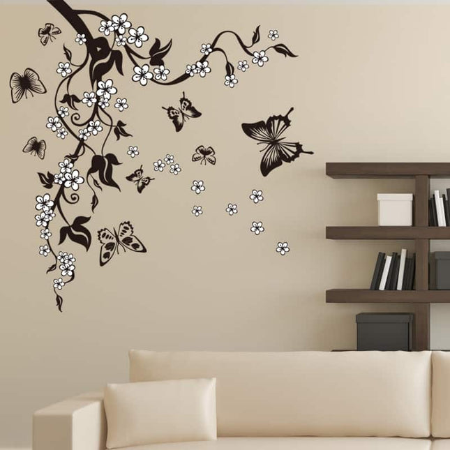 Black / White Butterfly with Floral Branch PVC Decorative Wall Sticker - wnkrs