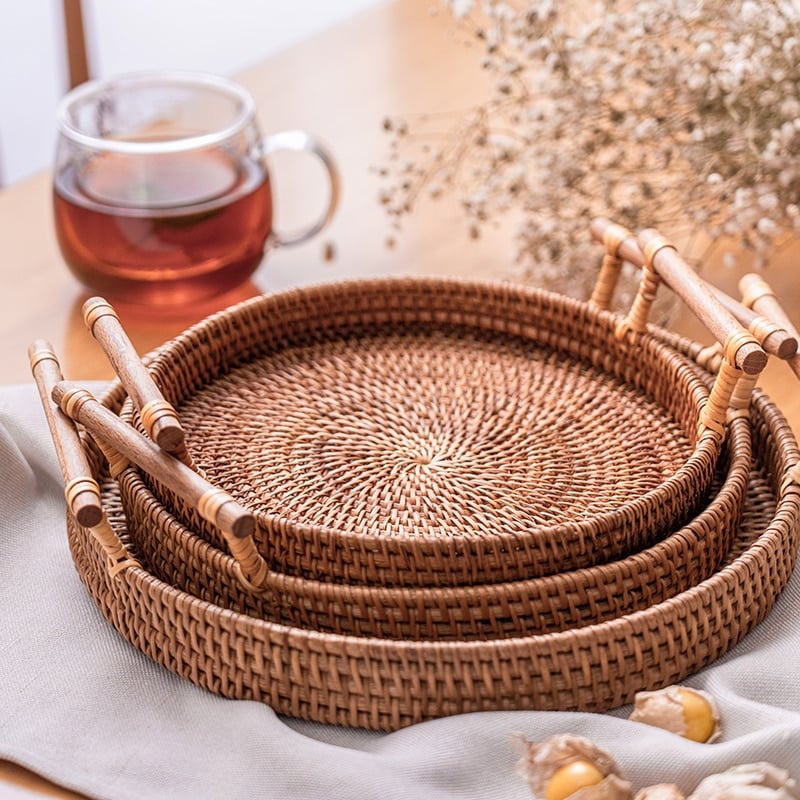 Woven Rattan Tray with Wooden Handles