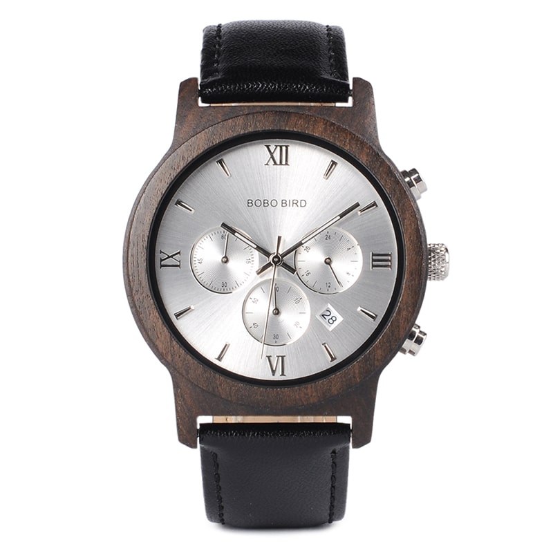 Wood-Case Watch with Black Leather-Listed Strap