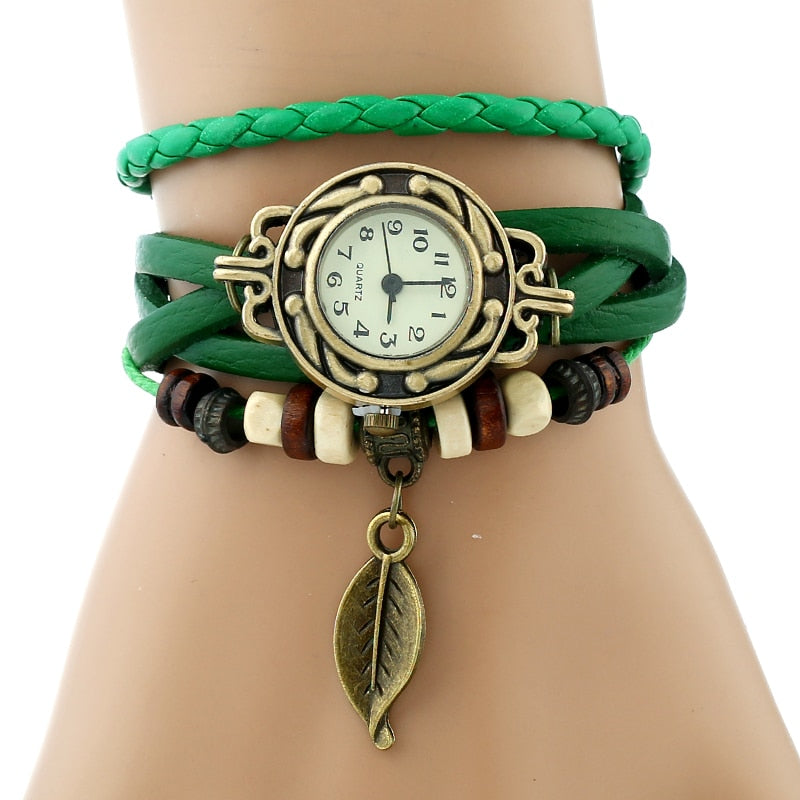 Layered Leaf-Charm Quartz Bracelet Watch