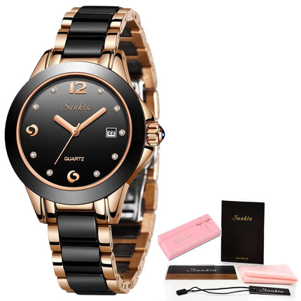 Women's Diamond Decorated Round Watch with Ceramic Band - wnkrs
