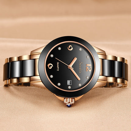 Women's Diamond Decorated Round Watch with Ceramic Band - wnkrs