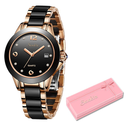 Women's Diamond Decorated Round Watch with Ceramic Band - wnkrs