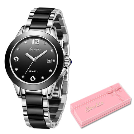 Women's Diamond Decorated Round Watch with Ceramic Band - wnkrs