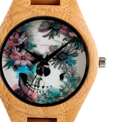 Flower Skull Printed Bamboo Wood Women's Watches - wnkrs