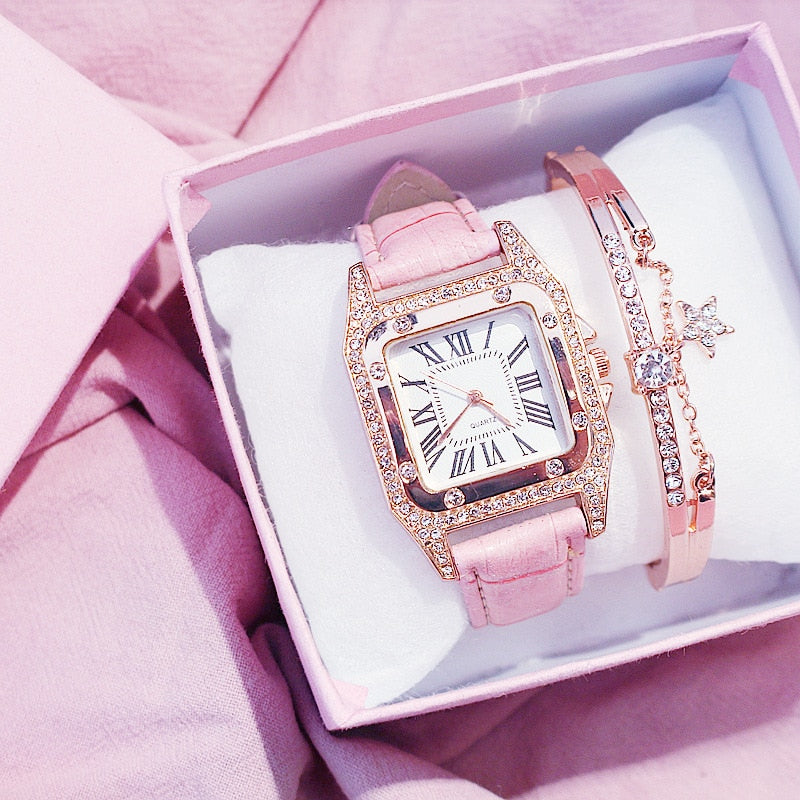 Sparkling Rectangular Watch with Optional Bracelets
