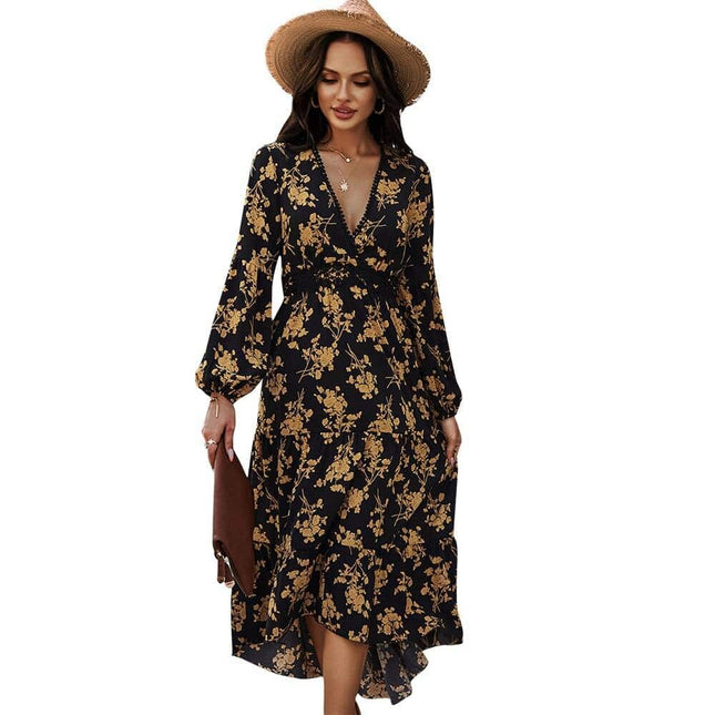 Black and Gold Women's Midi Dress in Floral Print - Wnkrs