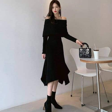 Slash Neck Knitting Dress - Wnkrs
