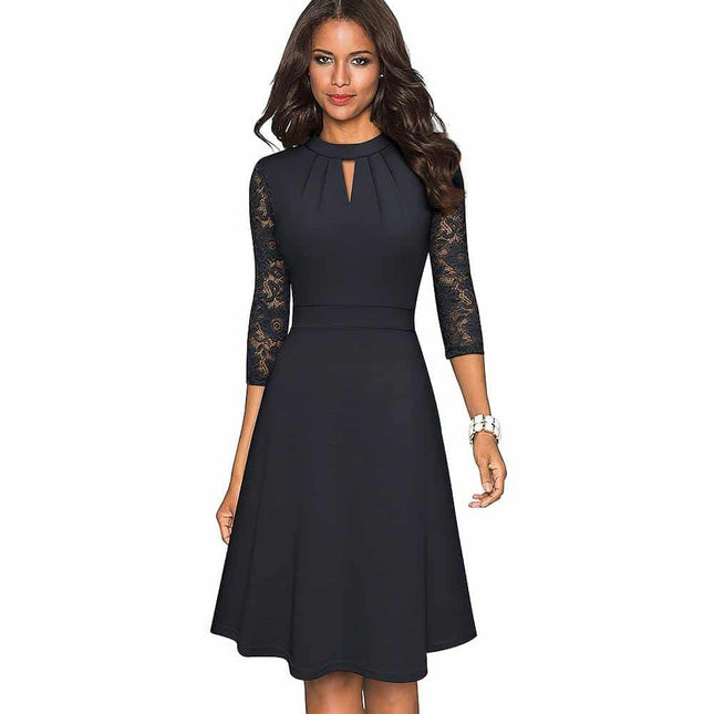 Solid Color Hollow Out Women's Dress with Lace Sleeves - wnkrs