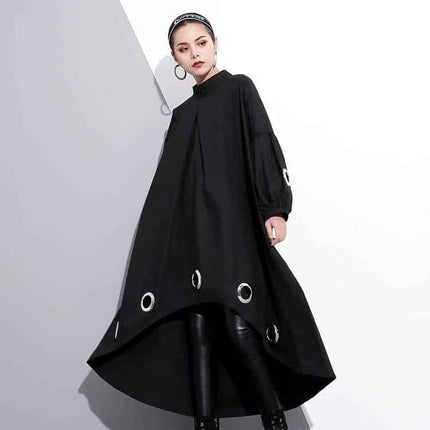 Women's Long Sleeved Black Dress with Metal Rings - Wnkrs