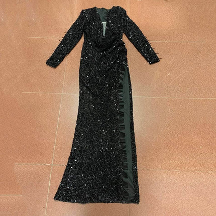 Women's Long Sleeved V-Neck Sequin Party Dress - Wnkrs