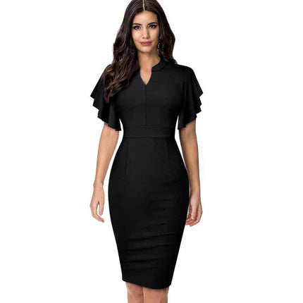 Women's Midi Pencil Dress with Ruffled Sleeves - wnkrs