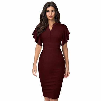 Women's Midi Pencil Dress with Ruffled Sleeves - wnkrs